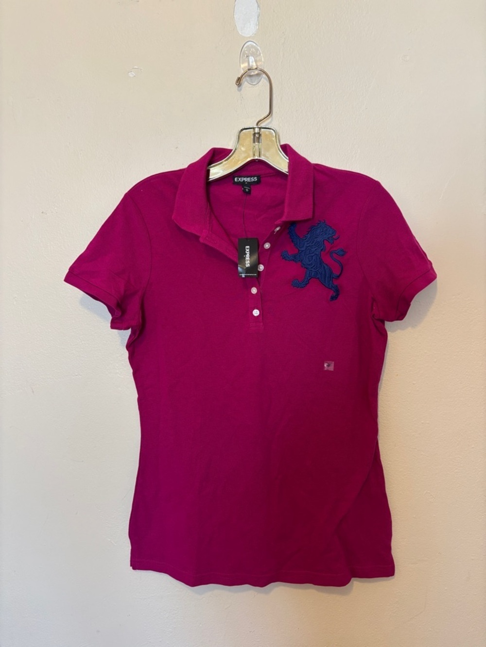 Express Women’s Fuchsia Long-Sleeve Polo with Navy Lion Patch
